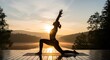 © Logo - Woman practicing yoga warrior pose at sunrise by lake with mountains.