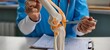 © Nadzeya - Knee anatomy and common injuries in the clinic. Traumatology doctor pointed to area of model of knee joint concept