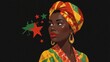 © Leon K - Afro woman in colorful headwrap with pan-African stars. Black woman portrait in vibrant Ankara fabric on black background. Stylish African woman with gold earrings and abstract stars.