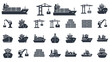 © MinixT - A collection of black icons for maritime shipping and logistics, including container ships, cargo cranes, and various tugboats.