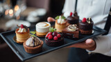 Waiter serving luxurious dessert tray with assorted pastries