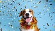 © BISMILAH - Happy brown and white dog wearing a festive tinsel garland, smiling and panting amidst colorful falling confetti on a light blue background.