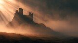 Ancient castle silhouette bathed in morning sunlight and mist creating a dramatic scenic view