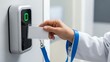 © White Craft  - Hand holds ID badge near biometric scanner with green light indicator