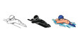 © usman - Set of three illustrations of a swimmer doing the freestyle crawl stroke, outline, silhouette and color versions