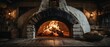 © horizon - Rustic white brick pizza oven features a roaring fire burning wood logs inside with a warm glow and traditional cooking architectural details.