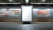 © Pixelzone - Blank vertical billboard mockup on a subway station platform with a blurred train moving in the background.