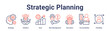 © oka - Strategic Planning banner web icon vector illustration concept for education with icon of Strategic, Initiative, Goal, Risk Management, Innovation, Accountability.