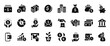 © Chelpanoff - Money and finance icons with banking, payments, savings, investment and income concepts. Black filled symbols for financial apps, fintech, business dashboards, accounting and corporate projects.