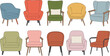 © Kharshad Creative - Set of colorful mid century modern armchairs and comfortable sofa chairs vector illustrations for interior design and home furniture.