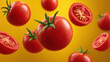 © Keopaserth - Fresh red tomatoes with green stems float against vibrant yellow background, showcasing their juicy texture and vivid color. image captures essence of freshness and vitality