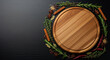 © Fine Craft - A blank round wooden board framed by aromatic spices and herbs on a dark background, perfect for restaurant menu templates and food goals