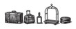 © Bogdan - A detailed black and white line drawing showcases vintage luggage, a hotel bellhop cart, and a hat, evoking a sense of classic travel and hospitality.