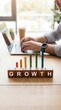 © Furkan - Business growth concept with rising bar chart blocks and professional working on laptop. Financial performance increase, strategy development and success planning. Vertical bg