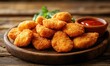 © SanyBRZ - Golden crispy chicken nuggets arranged on a rustic wooden plate, warm ambient lighting