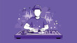 © khafid - A faceless DJ character producing rhythmic beats on turntables amidst vibrant soundwave graphics for a modern music vector illustration