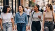 © Vasiliy - Four diverse young women walking together on an urban sidewalk. Happy female friends talking and smiling in the city. Friendship and lifestyle concept