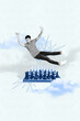 © deagreez - Surreal collage of excited person above chessboard in sky concept showing strategy intelligence tactics