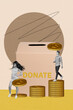 © deagreez - Vertical image art collage of happy girl guy stand donation box charity support dollar coin income money profit business partners