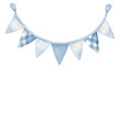 © ThemeRage - Watercolor blue baby bunting banner illustration with checkered and solid triangle flags hand painted party decor isolated on black background