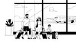 © Luiz  Fernando - Travel vacation January vector, people with suitcases at airport, airplane in background, summer outfits, flat modern illustration, clean lines