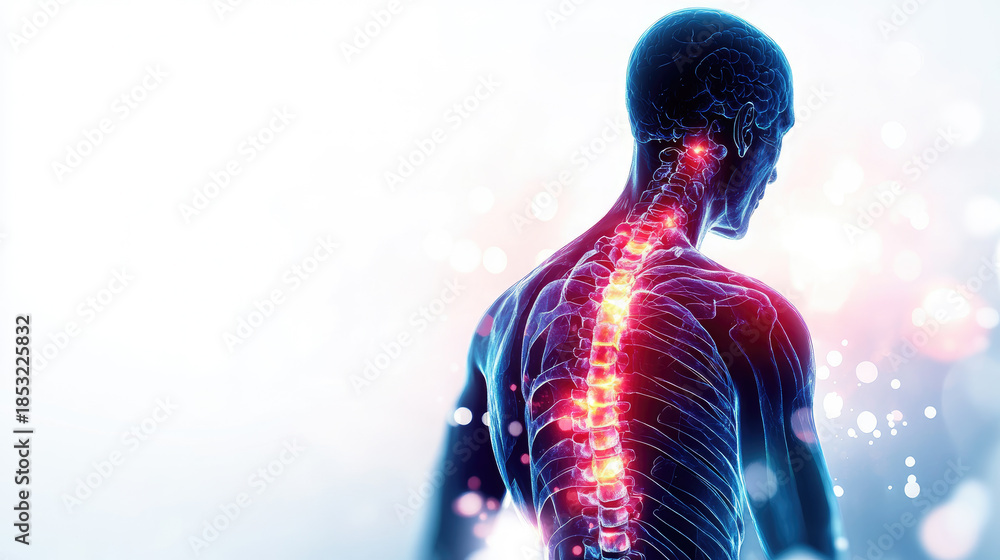 Human body shown in profile, with the spine and nervous system glowing ...