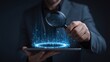 © Ірина Пальцева - A man holds a magnifying glass over a digital display with shimmering blue data streams emanating from it. He's wearing a suit, emphasizing the high-tech data analysis.