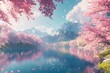 © mehaniq41 - Pink cherry blossoms frame tranquil lake reflecting distant mountains at sunset, under pastel sky. Soft lighting enhances peaceful atmosphere. Neural network AI generated