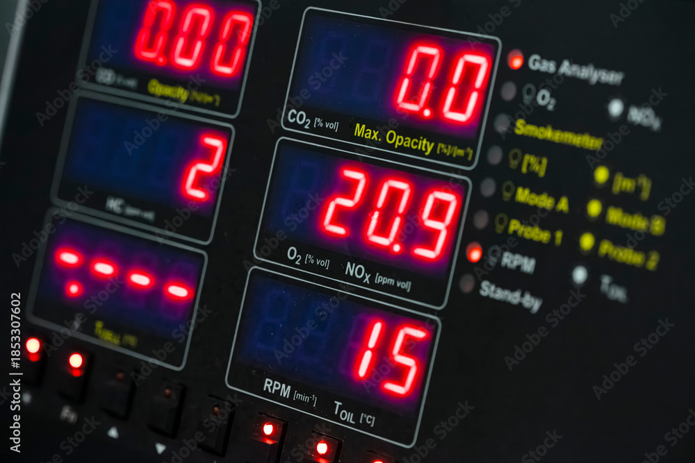 Complete emissions testing display panel showing multiple gas ...