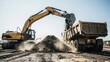 © AGUNG - A yellow excavator loads a dump truck with dirt on a construction site under a bright sky