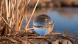 © Jojo* - Crystal ball on a weathered wooden post reflecting a serene landscape.