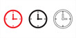 © Taha - Time's Essence: Three stylized clock illustrations in red, black, and outline versions, symbolizing concepts of timing, punctuality, and the cyclical nature of hours.