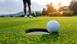 © One King - golf ball positioned perfectly on the edge of the hole on a lush green golf course with a golfer