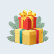 © Zaenatulumma - Two stacked gift boxes with ribbons and bows, with pine branches in the background.