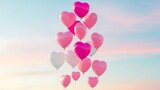 Pink and white heart shaped balloons floating in the sky at sunset