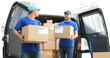 © Pixel-Shot - Delivery men carrying boxes to client