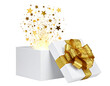 © Shuvo - Open White Gift Box with Exploding Gold Star Confetti, Angled Perspective, Isolated