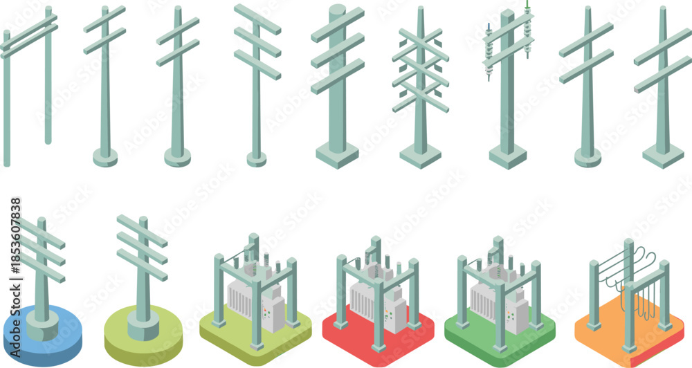 Isometric electrical infrastructure icons set, power poles pylons ...