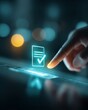 © grey - Human finger pressing a glowing compliance document icon with a checkmark on a digital interface, representing policy compliance and approval.