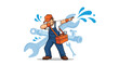 © Mitchell - Cool young plumber in overalls doing the dab dance pose, carrying a toolbox with a background of wrenches and water splashes.