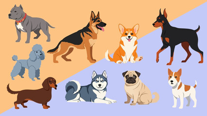  Collection of Diverse Dog Breeds Illustrated in a Flat Design Style