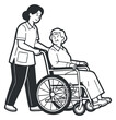 © vadymstock - A caregiver assisting an elderly person in a wheelchair in a simple black and white outline vector style, suitable for healthcare and wellness projects