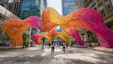 Vibrant orange and pink contemporary art installation with flowing sculptural forms creating dynamic public space in modern urban plaza surrounded by skyscrapers
