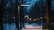 © IdaYuniati - Snowy park illuminated by modern street lamps at dusk creating peaceful atmosphere