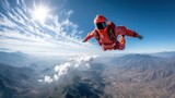 A skydiver leaps through the air, providing an impressive aerial view over mountains and clouds.