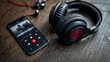© Ruslan Gilmanshin - Black wireless headphones with red accents and smartphone playing music on wooden desk surface in home audio entertainment setup