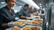 © Justlight - Medium shot of airline catering staff organizing meal carts in the galley sharp focus on meal packaging with blurred cabin interior around.
