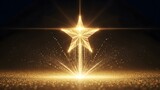 Golden glowing star rising from a shimmering dust surface. Achievement and awards concept. Bright award star floating above a brilliant light floor with particles