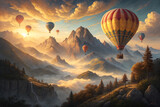 Hot air balloons over foggy mountains at sunrise, golden light illuminating peaks, expansive and uplifting landscape, oil painting style