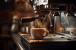 © beyouenked - Rich espresso pouring into a steaming white cup from a shiny coffee machine.